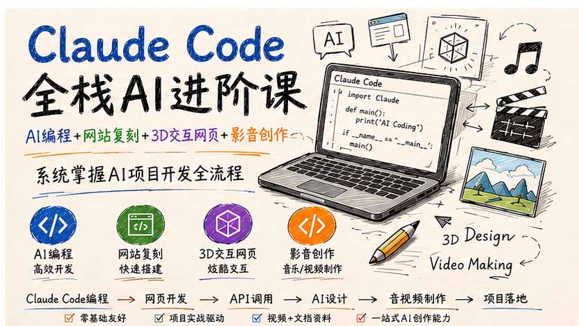 Claude Code全栈AI进阶课;AI编程+网站复刻+3D交互网页+影音创作,系统掌握AI项目开发全流程-源创文化