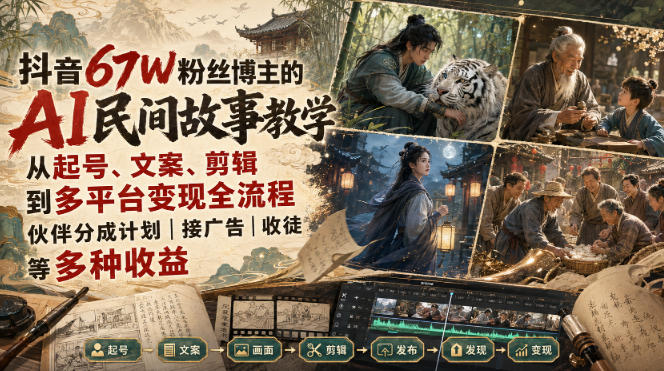 抖音67W粉丝博主的AI民间故事教学,从起号、文案、剪辑到多平台变现全流程,伙伴分成计划接广告等多种收益,月入1W+-源创文化