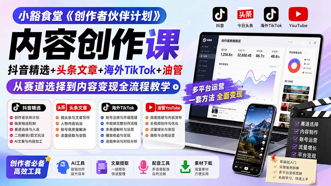 小豁食堂《创作者伙伴计划》内容创作课：抖音精选+头条文章+海外TikTok+油管，从赛道选择到内容变现全流程教学-源创文化