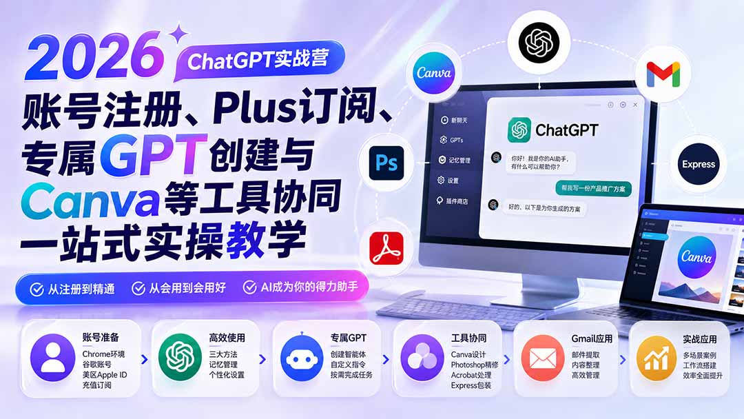 2026 ChatGPT实战营;账号注册、Plus订阅、专属GPT创建与Canva等工具协同一站式实操教学-源创文化
