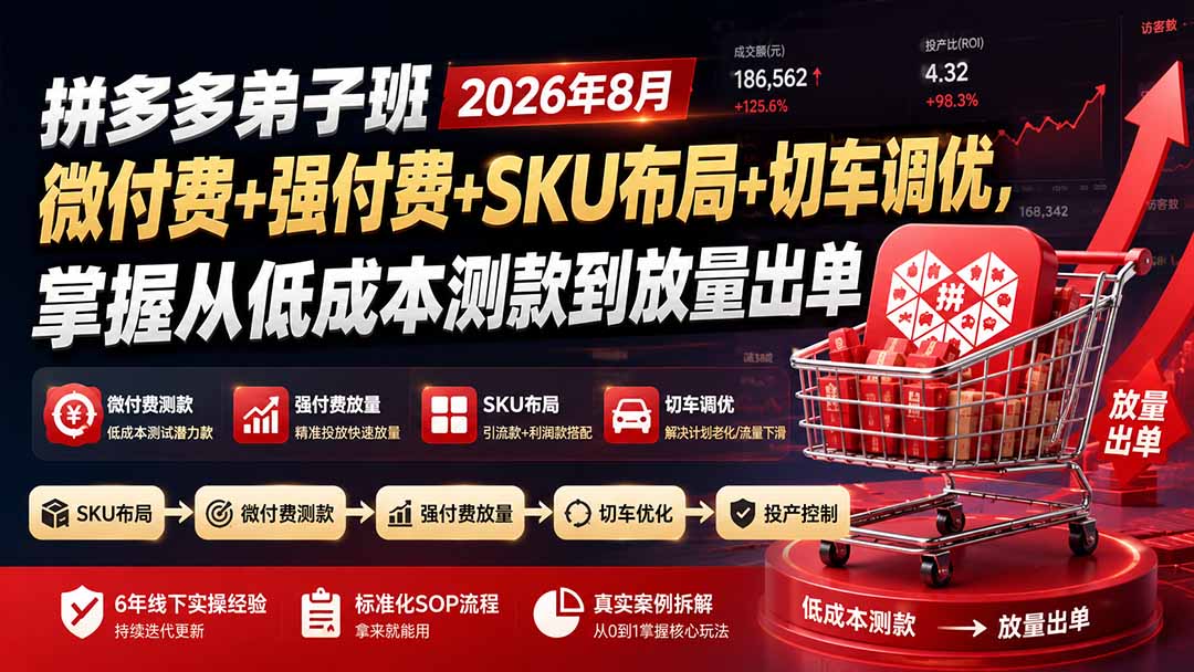 拼多多弟子班2026年8月：微付费+强付费+SKU布局+切车调优，掌握从低成本测款到放量出单-源创文化