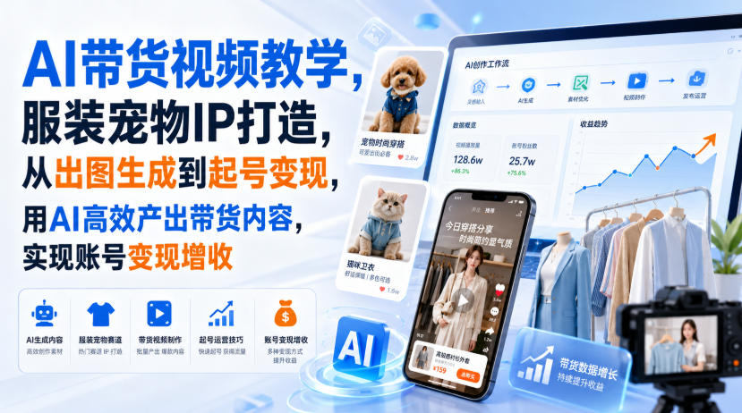 AI带货视频教学,服装宠物IP打造,从出图生成到起号变现,用AI高效产出带货内容,实现账号变现增收-源创文化