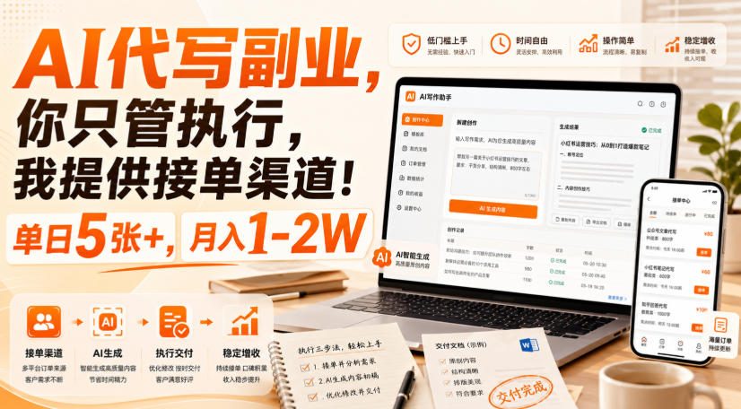 AI代写副业，你只管执行，我提供接单渠道！单日5张+，月入1-2W【揭秘】-源创文化
