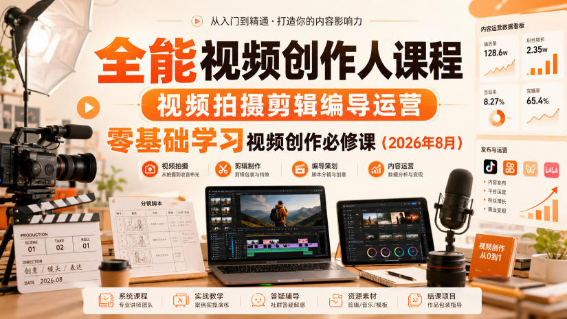 全能视频创作人课程，视频拍摄剪辑编导运营，零基础学习视频创作必修课(2026年8月)-源创文化