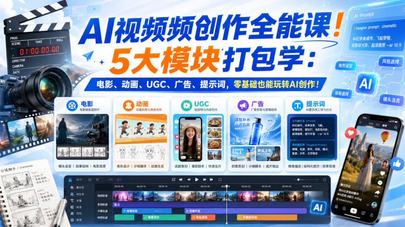 AI视频频创作全能课！5大模块打包学：电影、动画、UGC、广告、提示词，零基础也能玩转AI创作！【原创双语字幕】-源创文化