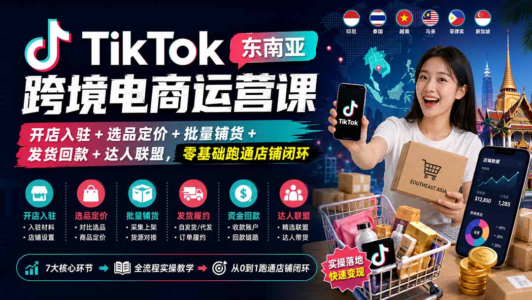 TikTok东南亚跨境电商运营课：开店入驻+选品定价+批量铺货+发货回款+达人联盟，零基础跑通店铺闭环-源创文化