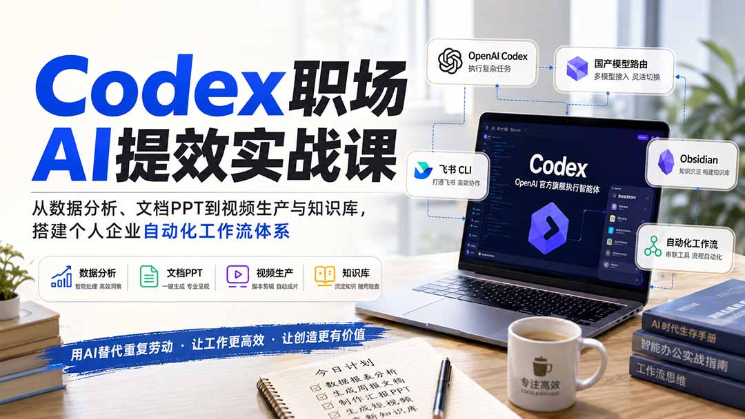 Codex职场AI提效实战课:从数据分析、文档PPT到视频生产与知识库,搭建个人企业自动化工作流体系-源创文化