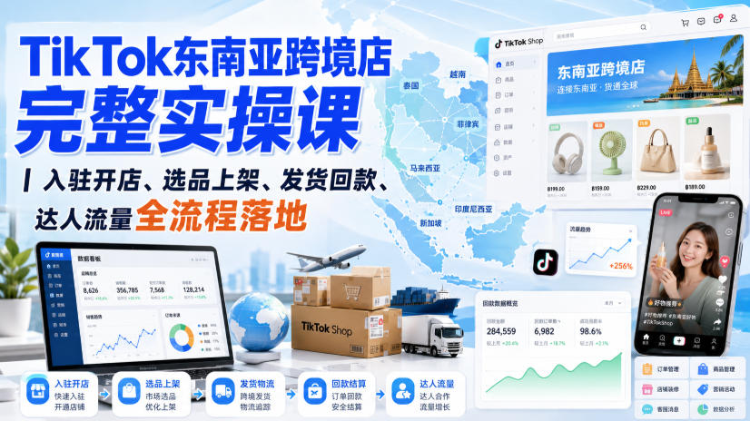 TikTok东南亚跨境店完整实操课｜入驻开店、选品上架、发货回款、达人流量全流程落地-源创文化