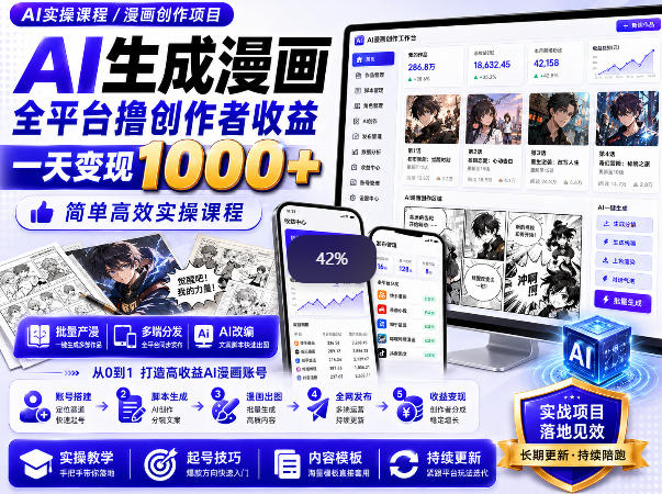 AI生成漫画全平台撸创作者收益内部课程，实操最高单日变现1k+-源创文化