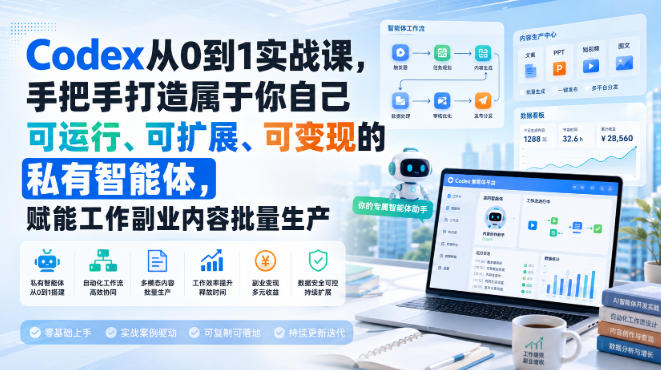 Codex从0到1实战课,手把手打造属于你自己可运行、可扩展、可变现的私有智能体,赋能工作副业内容批量生产-源创文化