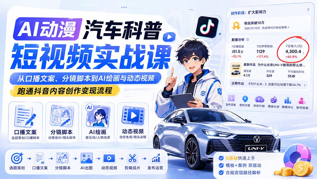 AI动漫汽车科普短视频实战课：从口播文案、分镜脚本到AI绘画与动态视频，跑通抖音内容创作变现流程-源创文化