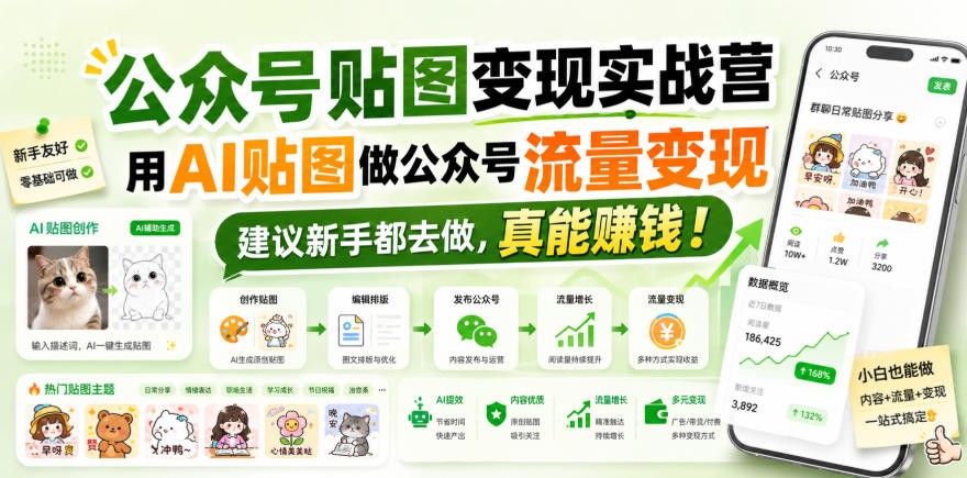 公众号贴图变现实战营，用AI贴图做公众号流量变现，建议新手都去做，真能賺钱！-源创文化
