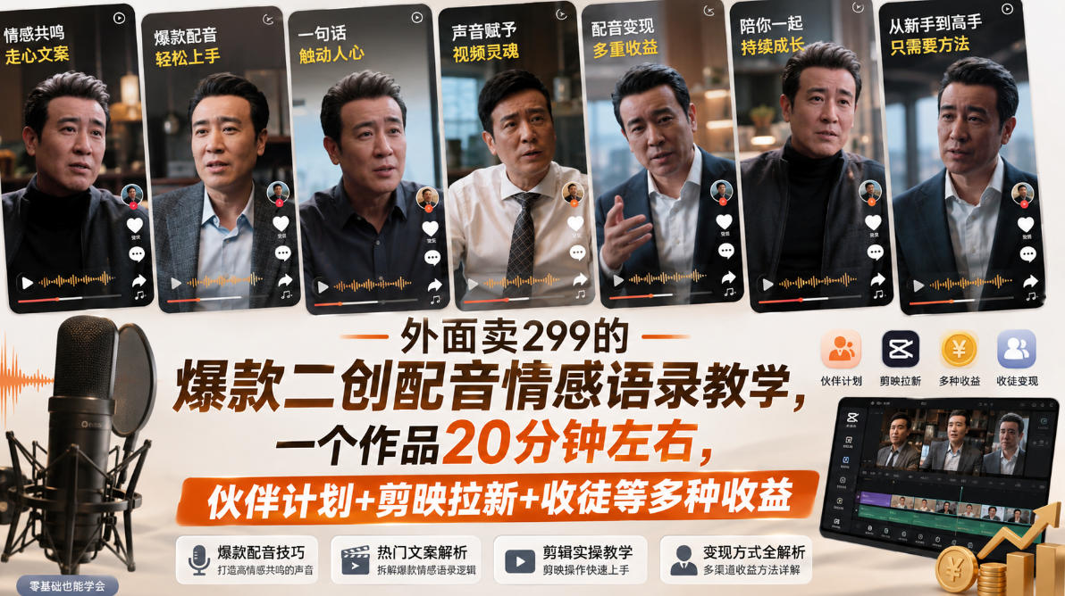 外面卖299的爆款二创配音情感语录教学,一个作品20分钟左右,伙伴计划+剪映拉新+收徒等多种收益-源创文化