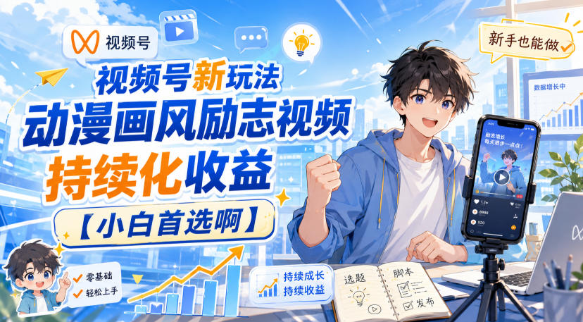 视频号新玩法动漫画风励志视频，持续化收益【小白首选啊】-源创文化