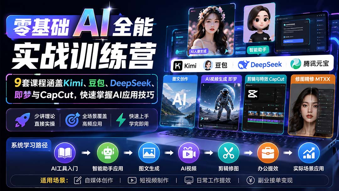 零基础AI全能实战训练营：9套课程涵盖Kimi、豆包、DeepSeek、即梦与CapCut，快速掌握AI应用技巧-源创文化