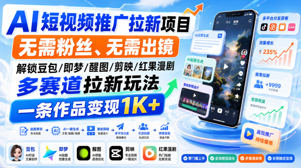 AI短视频推广拉新项目,无需粉丝、无需出镜,解锁豆包/即梦/醒图/剪映/红果漫剧多赛道拉新玩法,一条作品变现1K+-源创文化