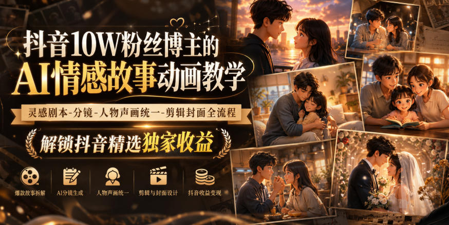 抖音10W粉丝博主的AI情感故事动画教学，灵感剧本‑分镜‑人物声画统一‑剪辑封面全流程，解锁抖音精选独家收益-源创文化