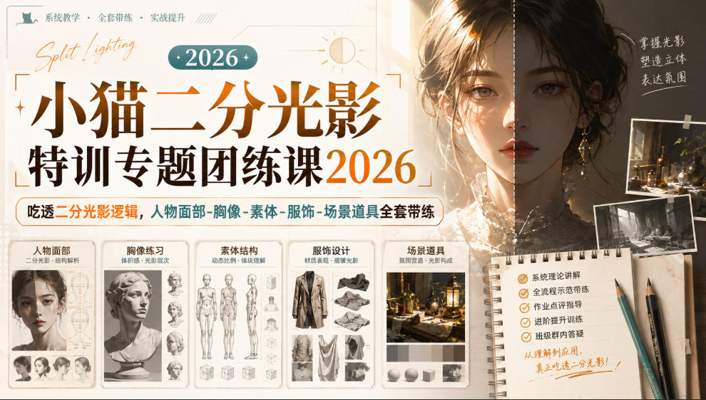 小猫二分光影特训专题团练课2026|吃透二分光影逻辑,人物面部‑胸像‑素体‑服饰‑场景道具全套带练,高清画质附赠课件与笔刷-源创文化