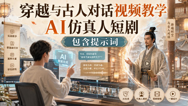 穿越与古人对话视频教学,AI仿真人短剧,包含提示词-源创文化