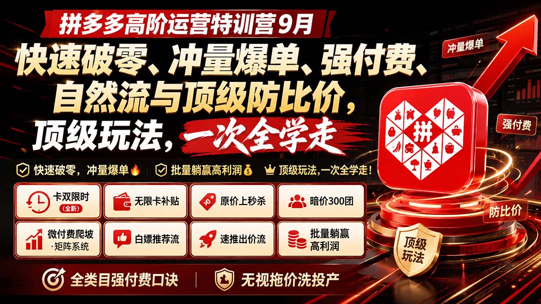拼多多高阶运营特训营9月：快速破零、冲量爆单、强付费、自然流与顶级防比价， 顶级玩法，一次全学走-源创文化