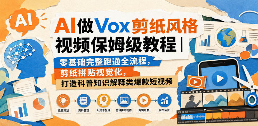 AI做Vox剪纸风格视频保姆级教程｜零基础完整跑通全流程，剪纸拼贴视觉化，打造科普知识解释类爆款短视频-源创文化