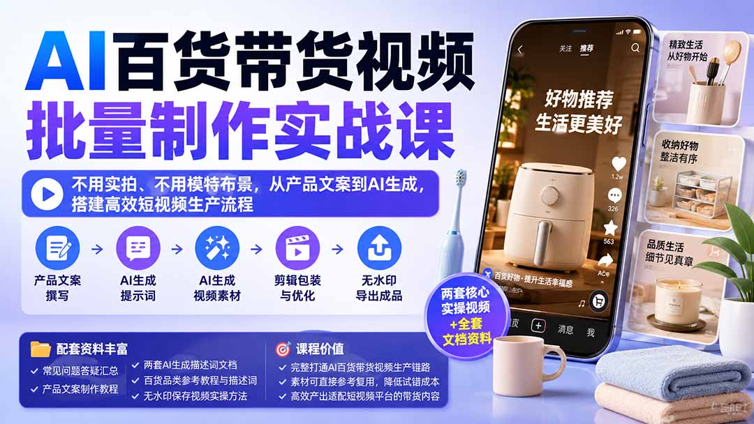 AI百货带货视频批量制作实战课:不用实拍、不用模特布景,从产品文案到AI生成,搭建高效短视频生产流程-源创文化