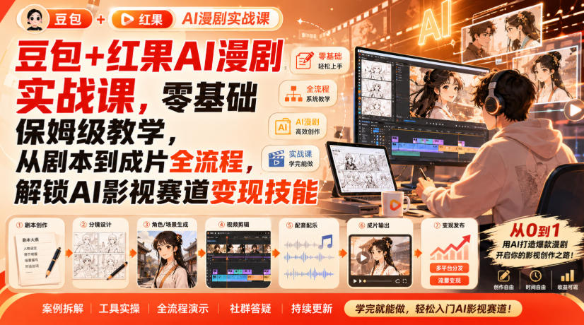 豆包+红果AI漫剧实战课,零基础保姆级教学,从剧本到成片全流程,解锁AI影视赛道变现技能-源创文化