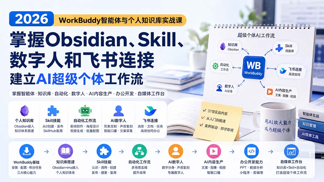 2026 WorkBuddy智能体与个人知识库实战课：掌握Obsidian、Skill、数字人和飞书连接，建立AI超级个体工作流-源创文化