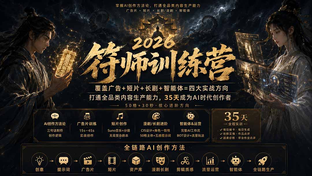 符师训练营-35天成为AI时代创作者,广告+短片+漫剧+智能体四大实战方向,掌握从创意到上线的完整工作流-源创文化