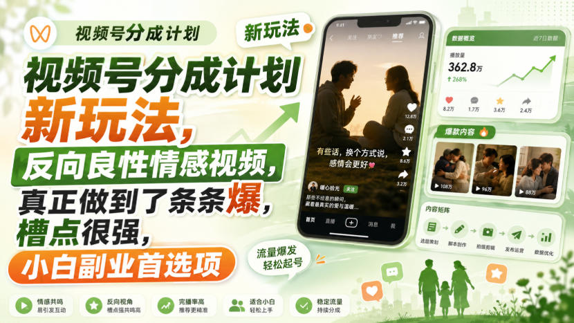 视频号分成计划新玩法,反向良性情感视频,真正做到了条条爆,槽点很强,小白副业首选项-源创文化