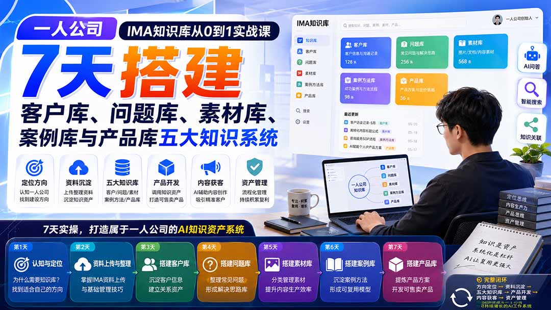 一人公司IMA知识库从0到1实战课:7天搭建客户库、问题库、素材库、案例库与产品库五大知识系统-源创文化
