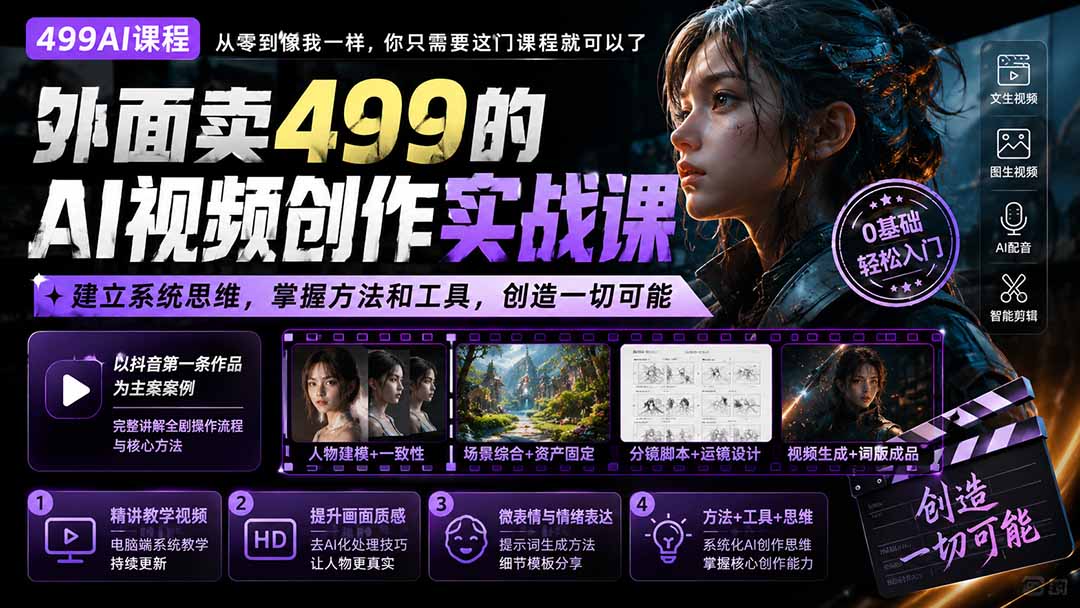 外面卖499的AI视频创作实战课:建立系统思维,掌握方法和工具,创造一切可能。-源创文化