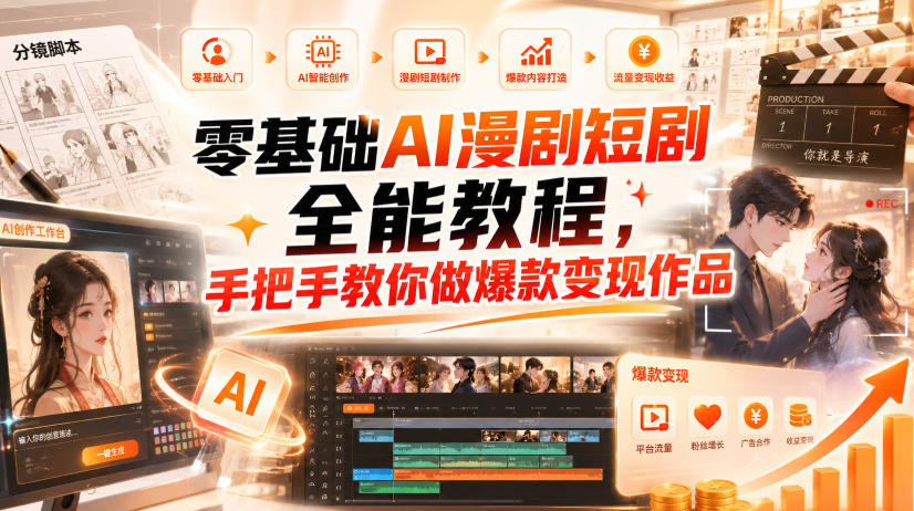 零基础AI漫剧短剧全能教程，从AI智能体搭建、文案脚本分镜、多平台AI生视频、剪映精修，覆盖全题材创作，手把手教你做爆款变现作品-源创文化