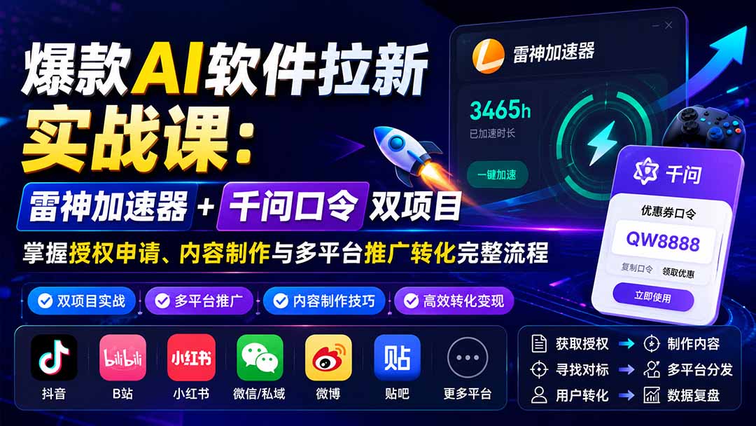 爆款AI软件拉新实战课:雷神加速器+千问口令双项目,掌握授权申请、内容制作与多平台推广转化完整流程-源创文化