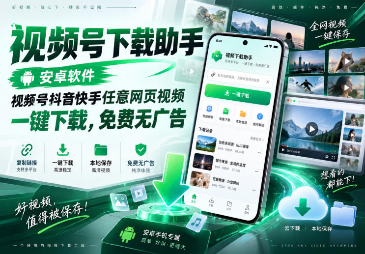 视频号下载助手,安卓软件,视频号抖音快手任意网页视频,一键下载,免费无广告-源创文化