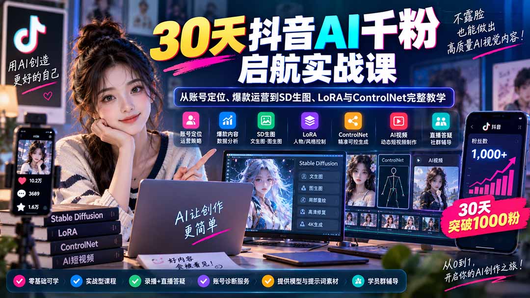 30天抖音AI千粉启航实战课:从账号定位、爆款运营到SD生图、LoRA与ControlNet完整教学-源创文化