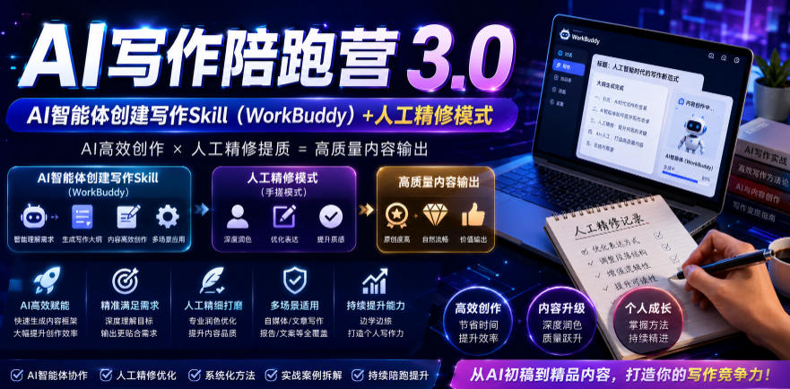 AI写作陪跑营3.0，Ai智能体创建写作skill(workbuddy)+人工手写模式(手搓模式)，去除AI痕迹(头条号、公众号、百家号)(更新0907)-源创文化