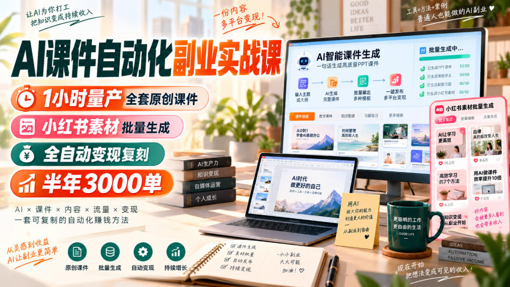 AI课件自动化副业实战课,1小时量产全套原创课件,小红书素材批量生成,全自动变现复刻,半年3000单-源创文化