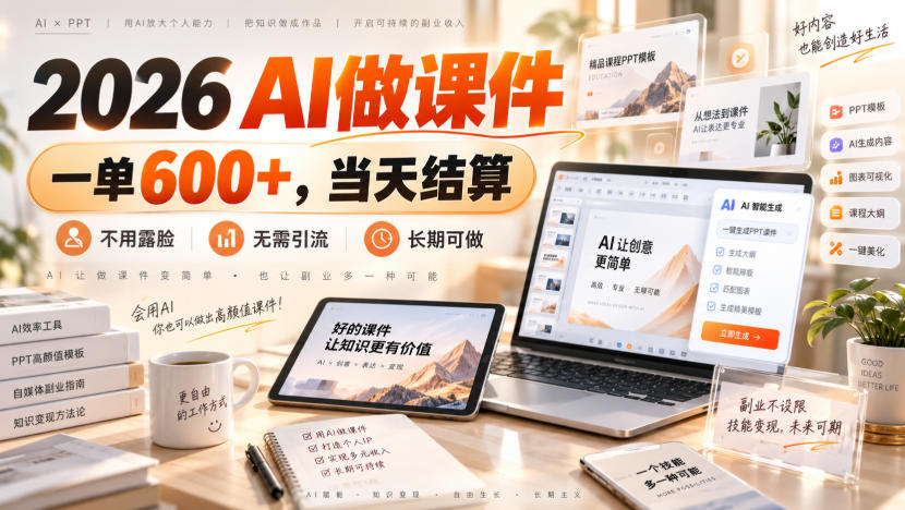 2026 AI做课件,一单600+,当天结算,不用露脸,无需引流,长期可做【揭秘】-源创文化