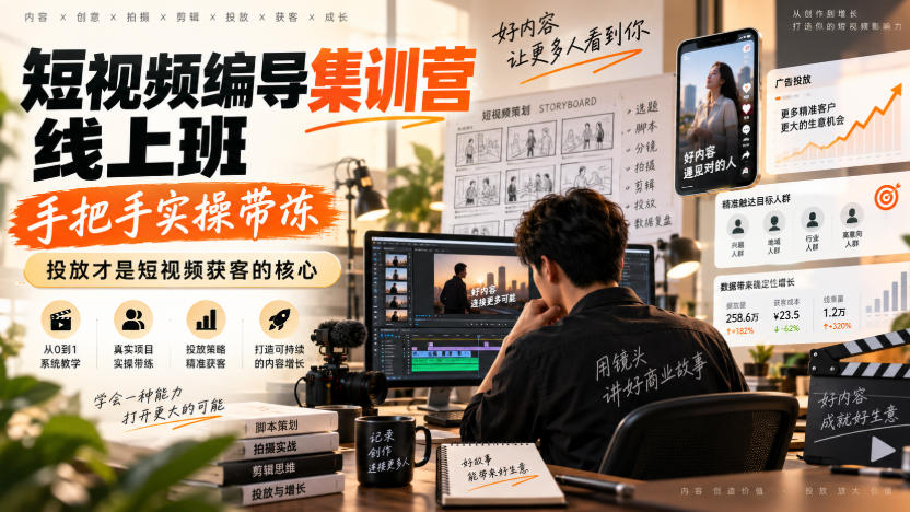 短视频编导集训营线上班,手把手实操带冻,投放才是短视频获客的核心-源创文化