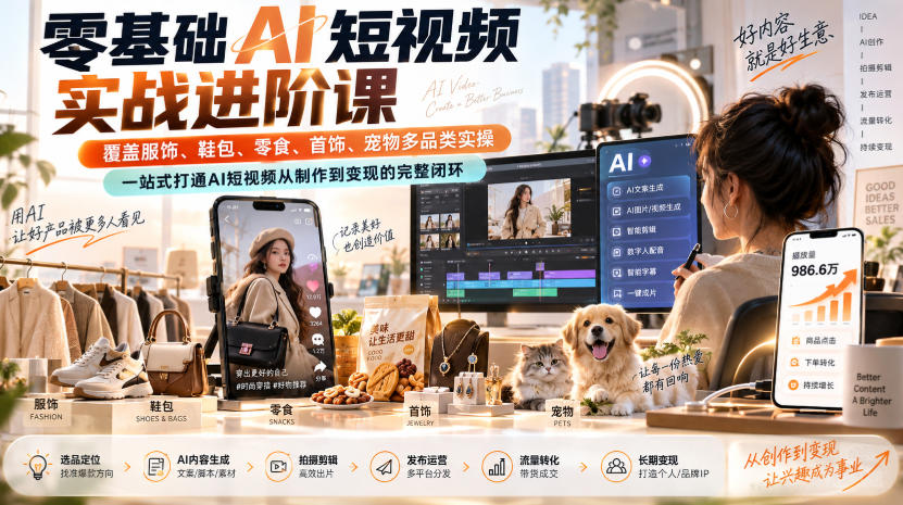 零基础AI短视频实战进阶课,覆盖服饰、鞋包、零食、首饰、宠物多品类实操,一站式打通AI短视频从制作到变现的完整闭环-源创文化