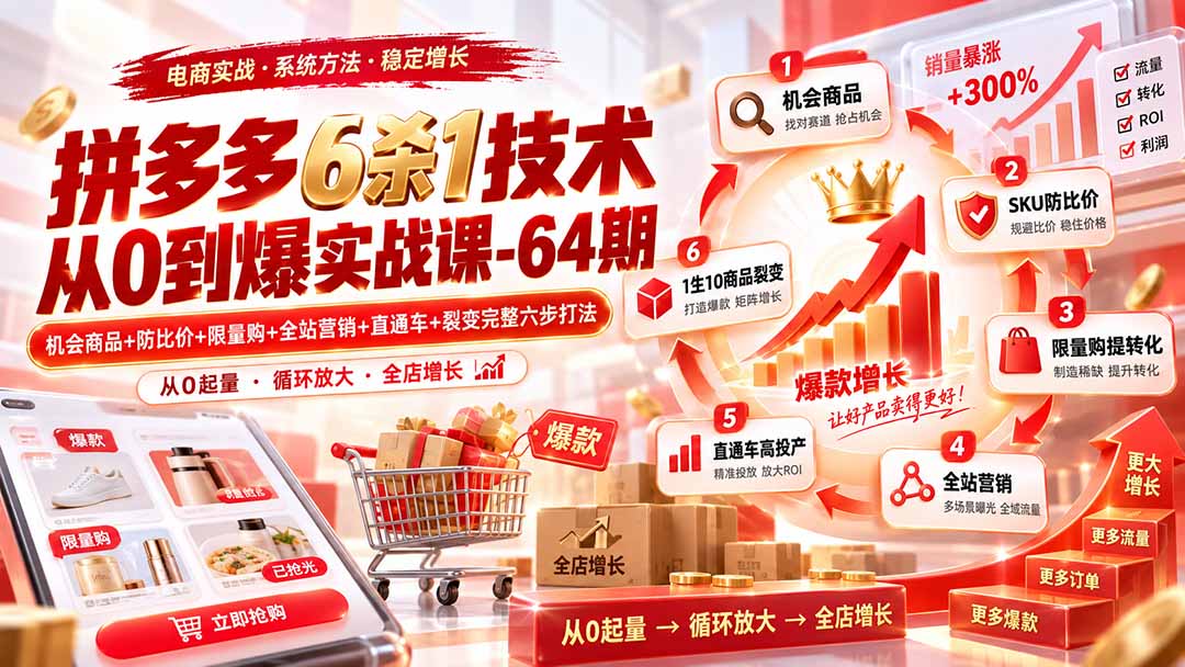 拼多多6杀1技术从0到爆实战课-64期：机会商品+防比价+限量购+全站营销+直通车+裂变完整六步打法-源创文化