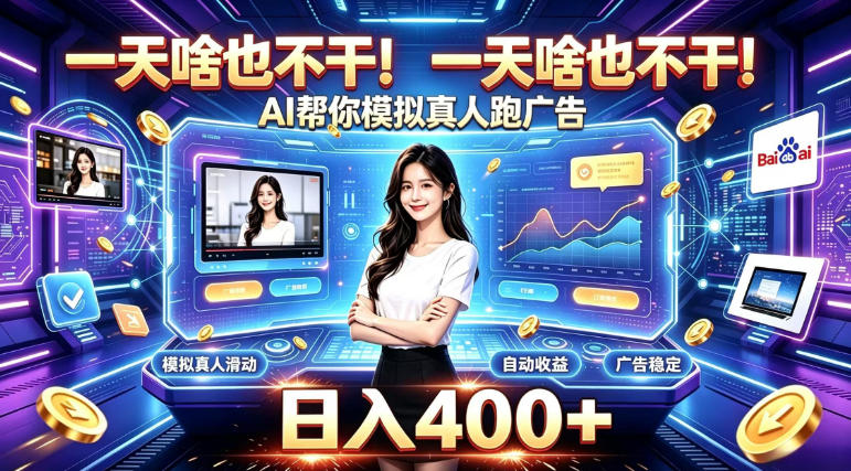 一天啥也不干！AI帮你模拟真人跑广告，稳定日入400+，实现真正被动变现【揭秘】-源创文化
