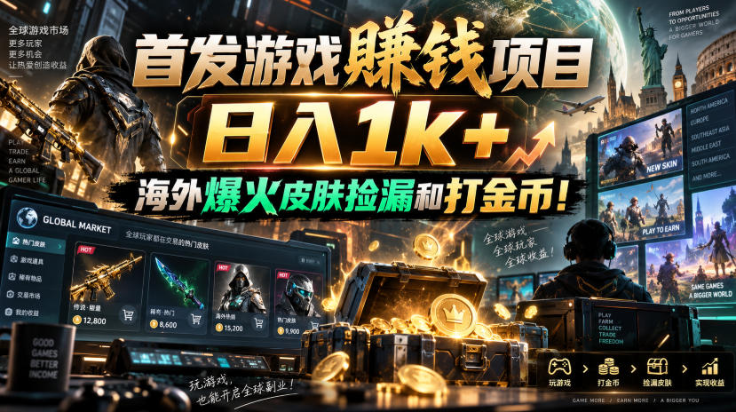 首发游戏賺钱项目，日入1k+，海外爆火皮肤捡漏和打金币！【揭秘】-源创文化