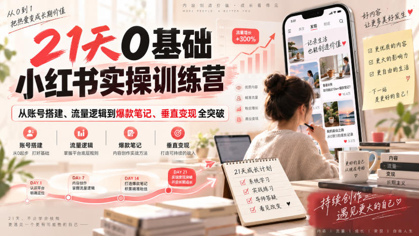 21天0基础小红书实操训练营｜从账号搭建、流量逻辑到爆款笔记、垂直变现全突破-源创文化