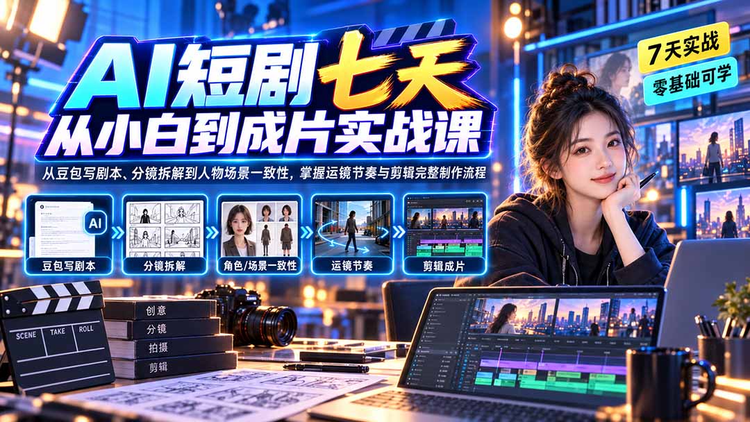 AI短剧七天从小白到成片实战课：从豆包写剧本、分镜拆解到人物场景一致性，掌握运镜节奏与剪辑完整制作流程-源创文化