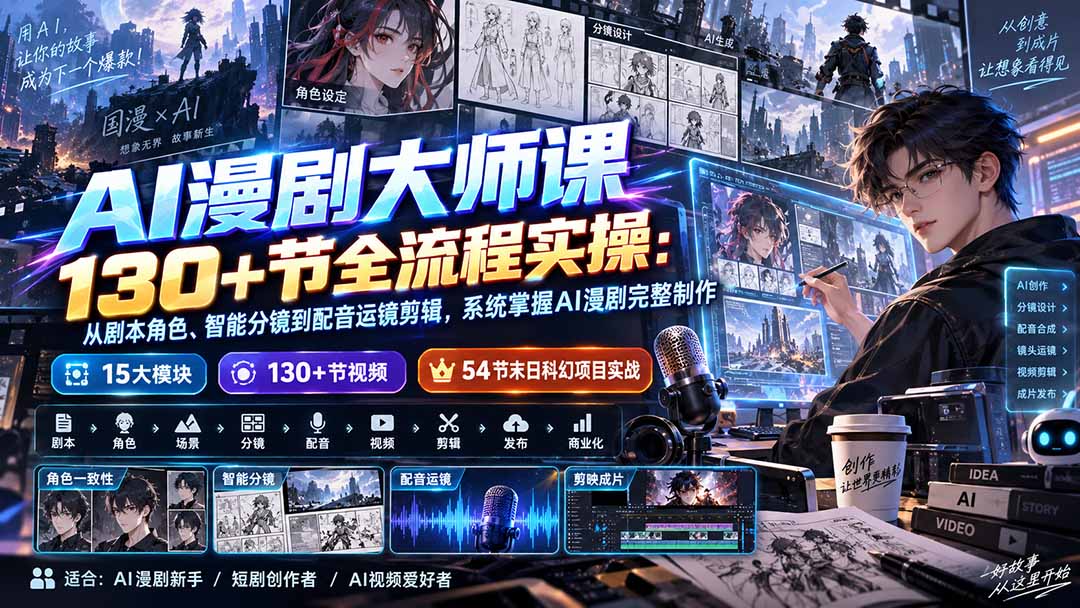 AI漫剧大师课130+节全流程实操:从剧本角色、智能分镜到配音运镜剪辑,系统掌握AI漫剧完整制作-源创文化