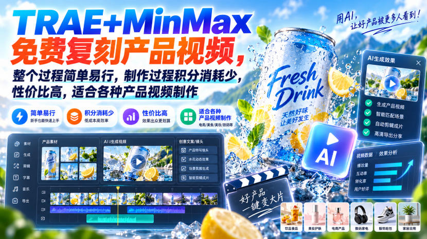 TRAE+MinMax免费复刻产品视频，整个过程简单易行，制作过程积分消耗少，性价比高，适合各种产品视频制作-源创文化