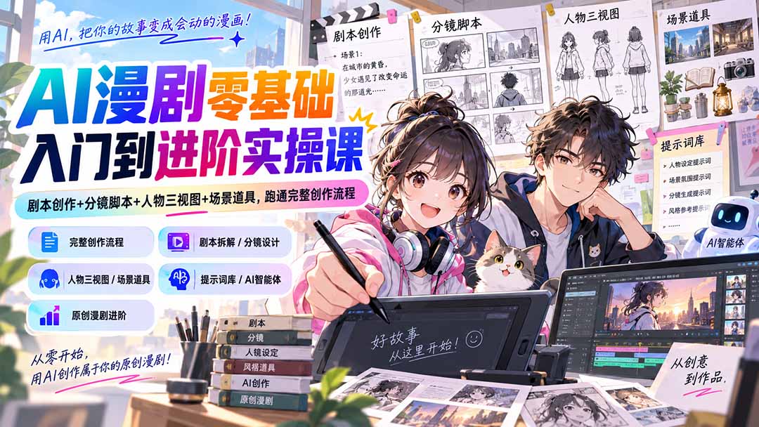 AI漫剧零基础入门到进阶实操课：剧本创作+分镜脚本+人物三视图+场景道具，跑通完整创作流程-源创文化