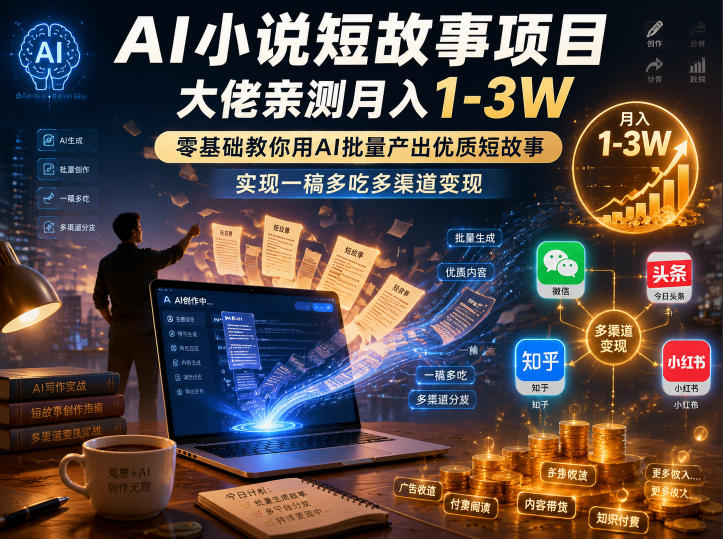 AI小说短故事项目，大佬亲测月入1-3W，零基础教你用AI批量产出优质短故事，实现一稿多吃多渠道变现(更新0910)-源创文化